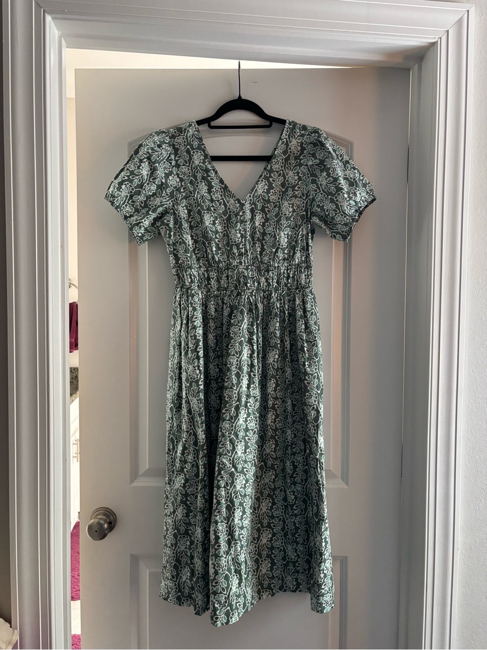 J. Crew Factory Sage Green and White Floral V-Neck Smocked Midi Dress